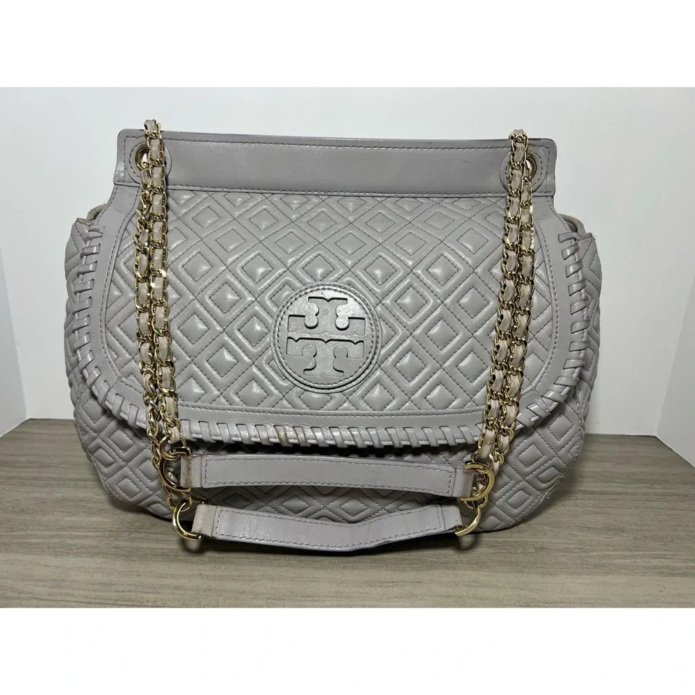 Tory Burch Marion Saddle Mercury Quilted Leather Shoulder Bag